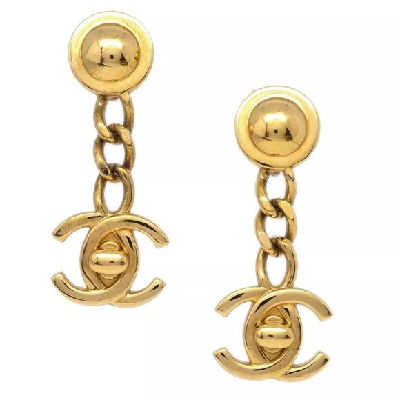 Chanel Dangle Turnlock Earrings Clip-On Gold 96A - Picture 1 of 9
